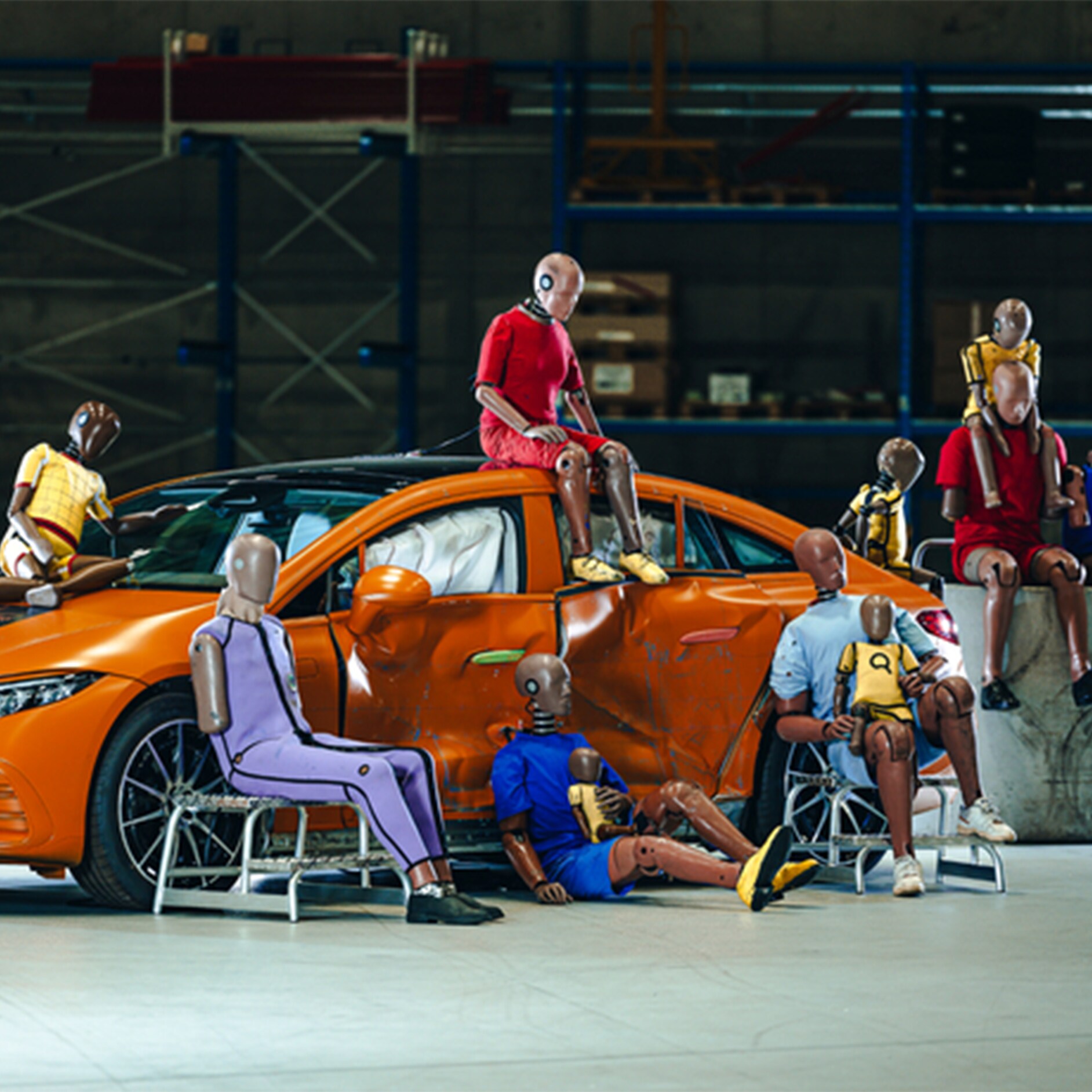 Dossards d’essai de collision | Sécurité | Mercedes-Benz Plusieurs mannequins d’essai de collision assis sur et autour d'une voiture Mercedes-Benz.